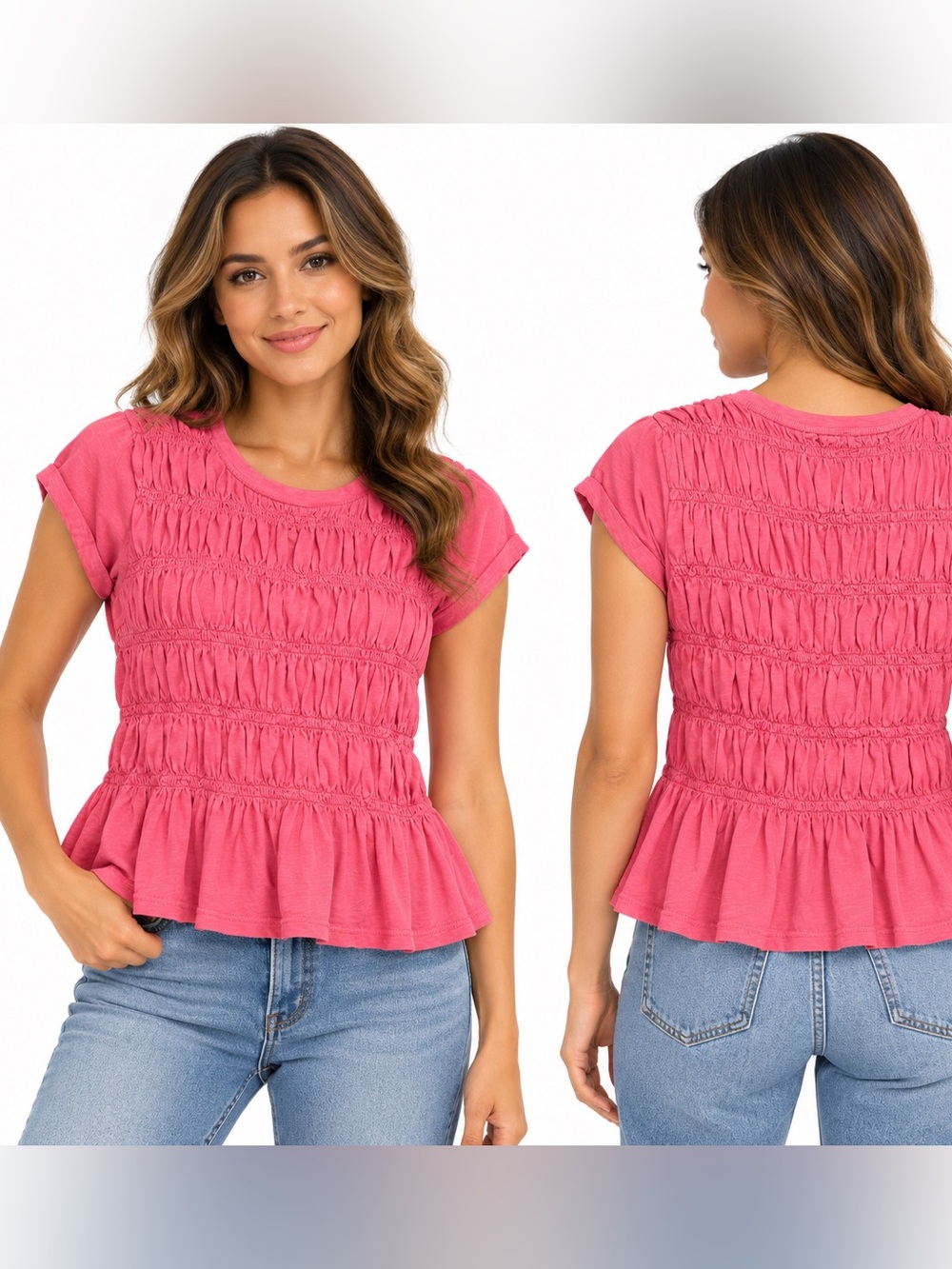 Pilcro Anthropologie Tabby Cotton Smocked Peplum Tee – Pink – Size Small